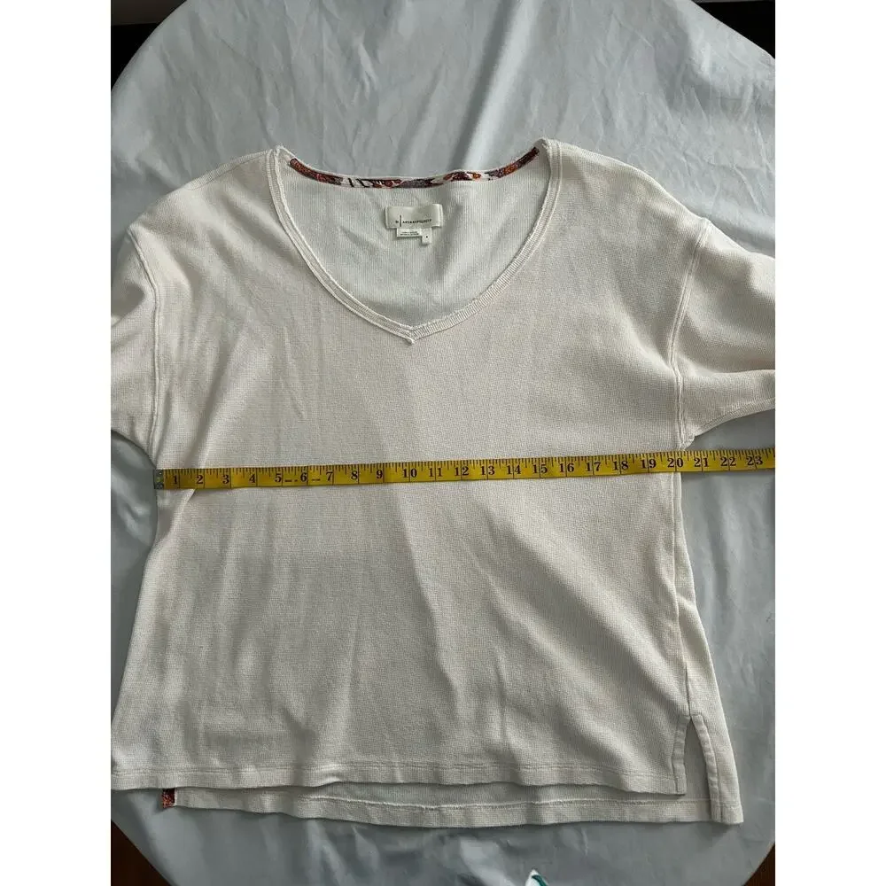 Anthropologie V-neck Mixed Fabric Thermal Shirt Womens Size Small White Preppy